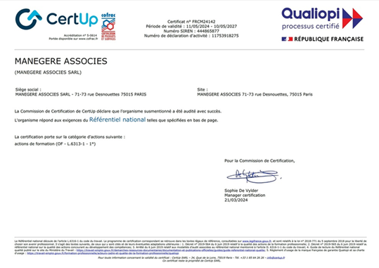Certificat Qualiopi MANEGERE ASSOCIES - n&deg; FRCM24142, valable du 11/05/2024 au 10/05/2027